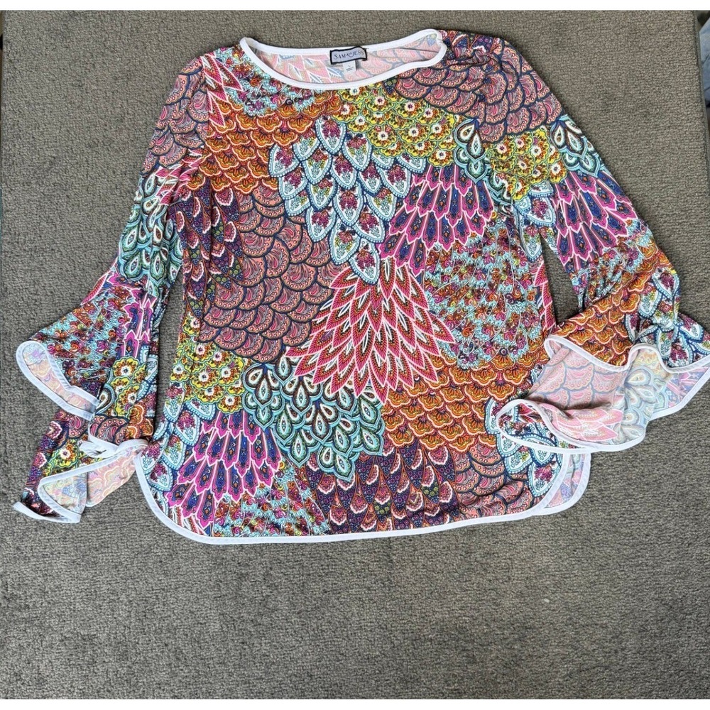 Sam and‎ Jess Womens Large Multi Color Paisley Peacock Bell Sleeve Ruffle Top